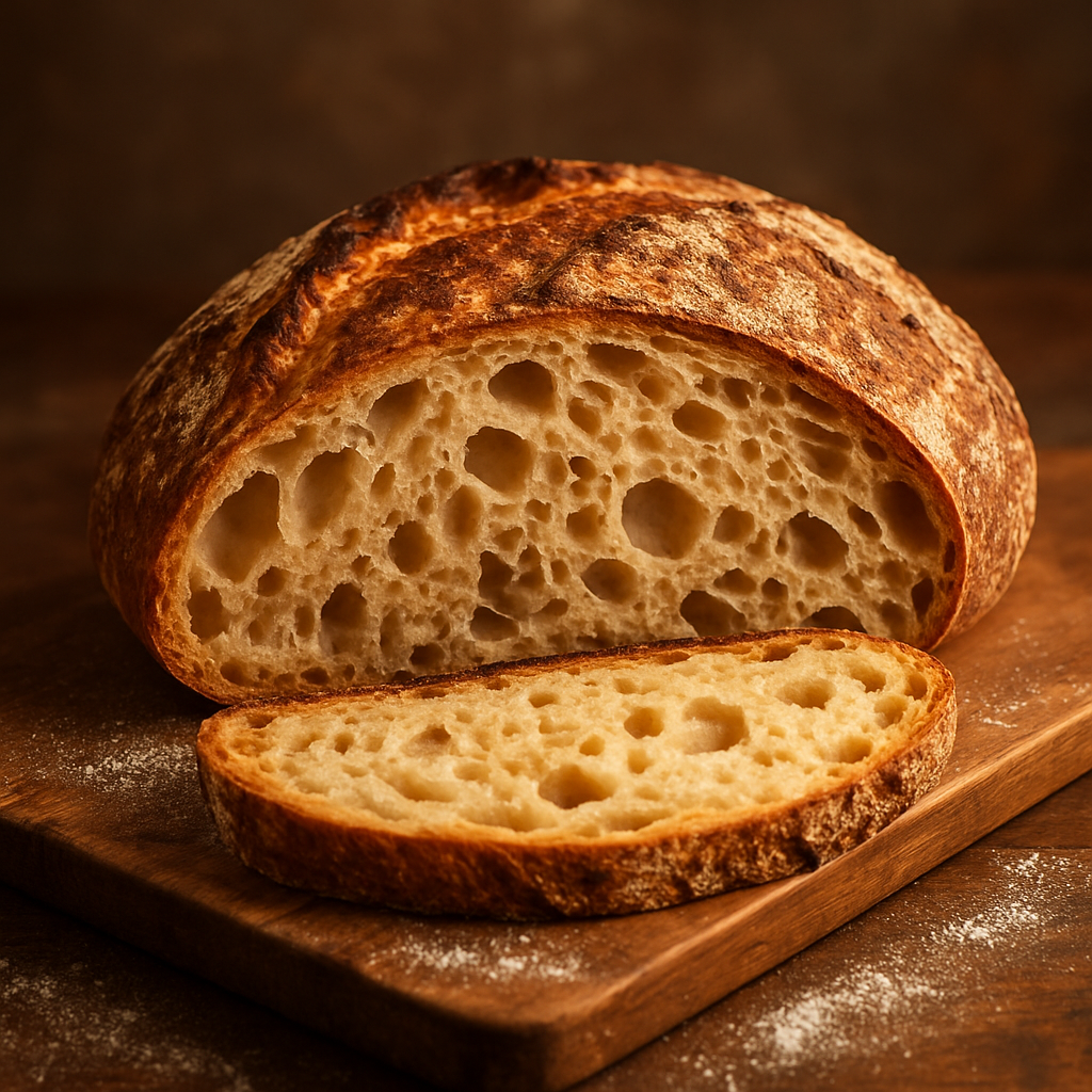 Rustikales Sauerteigbrot mit offener Krume auf einem Holzbrett