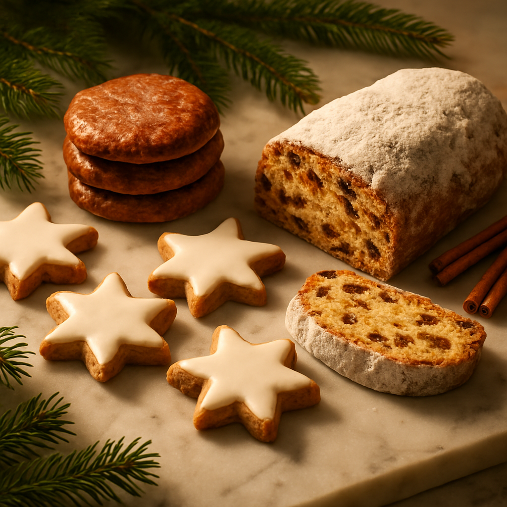 Saisonales Gebäck mit Gewürzen und Winterdekor